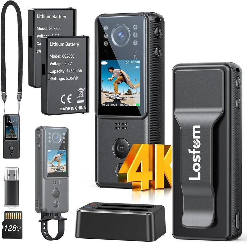 Losfom 4K Body Camera with Audio and Video Recording, Dual Batteries Z13 Mini Small Body Cam, with Charging Dock&6 IR Night Vision, Wearable Camera for Vlog, Personal Protection, Security - Image 1